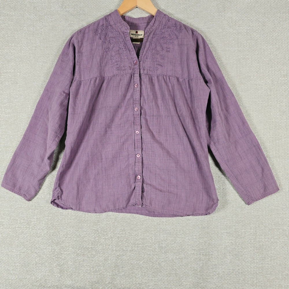 Woolrich Womens Purple Cotton Embroidered Button Front Blouse Top Size L